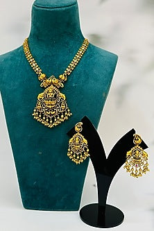 Gold Finish Multi-Colored Stone & Pearl Drop Long Pendant Temple Necklace Set