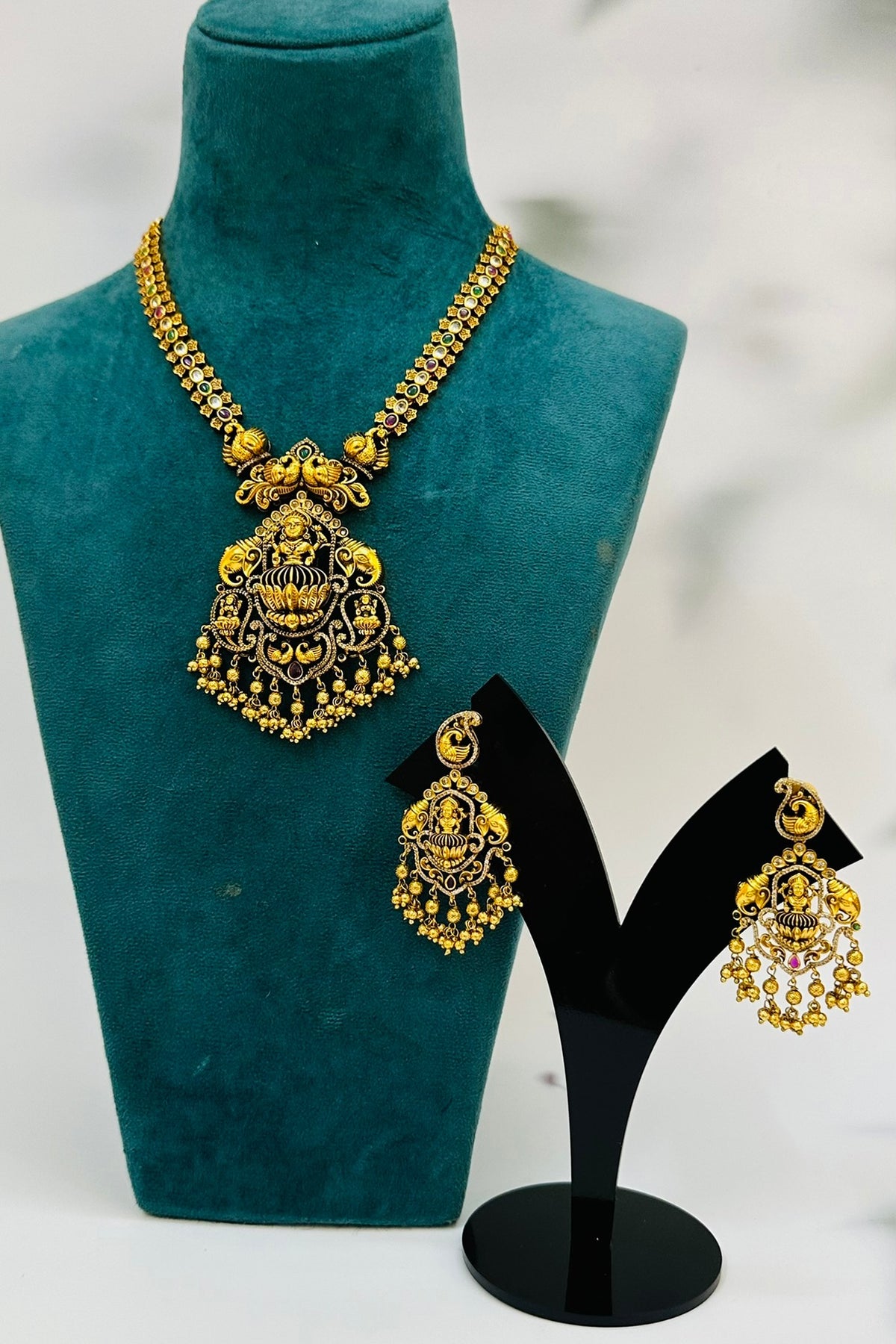 Gold Finish Multi-Colored Stone & Pearl Drop Long Pendant Temple Necklace Set