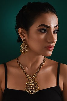 Gold Finish Multi-Colored Stone & Pearl Drop Long Pendant Temple Necklace Set