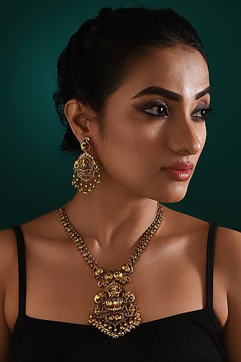 Gold Finish Multi-Colored Stone & Pearl Drop Long Pendant Temple Necklace Set
