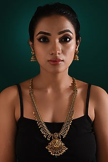 Gold Finish Multi-Colored Stone Long Temple Necklace Set