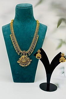 Gold Finish Multi-Colored Stone Long Temple Necklace Set