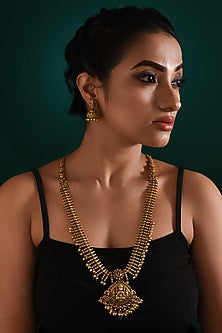 Gold Finish Multi-Colored Stone Long Temple Necklace Set
