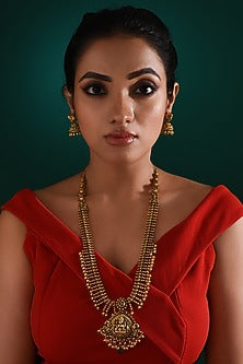 Gold Finish Multi-Colored Stone Long Temple Necklace Set