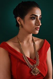 Gold Finish Multi-Colored Stone Long Temple Necklace Set