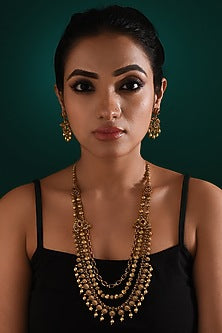 Gold Finish Multi-Colored Stone Long Temple Necklace Set
