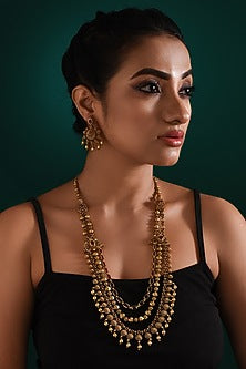 Gold Finish Multi-Colored Stone Long Temple Necklace Set