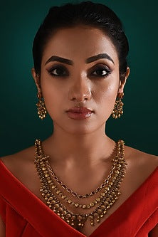 Gold Finish Multi-Colored Stone Long Temple Necklace Set