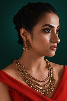Gold Finish Multi-Colored Stone Long Temple Necklace Set