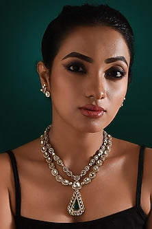Gold Finish Kundan Polki & Emerald Stone Necklace Set