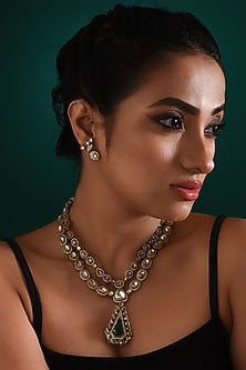 Gold Finish Kundan Polki & Emerald Stone Necklace Set