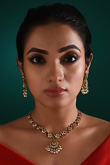 Gold Finish Multi-Colored Stone Temple Necklace Set