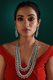 White Finish Zircon & Emerald Stone Long Necklace Set