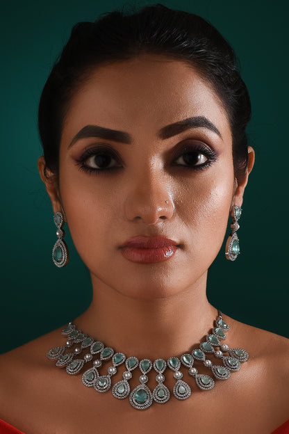 White Finish Zircon & Aqua Stone Necklace Set