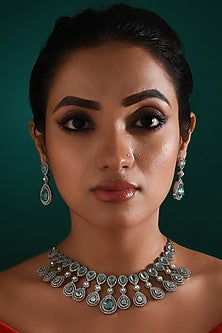 White Finish Zircon & Aqua Stone Necklace Set