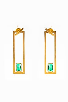 Gold Finish Emerald Green Stone Rectangular Hanging Earrings
