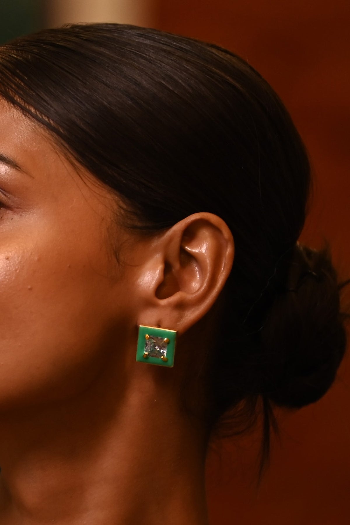 Gold Finish Square-Shaped Zircon Green Enameled Stud Earrings