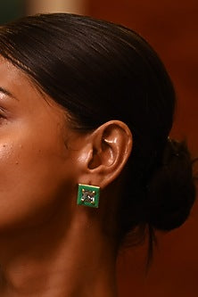Gold Finish Square-Shaped Zircon Green Enameled Stud Earrings