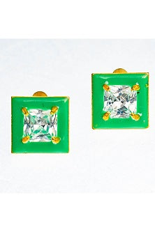 Gold Finish Square-Shaped Zircon Green Enameled Stud Earrings