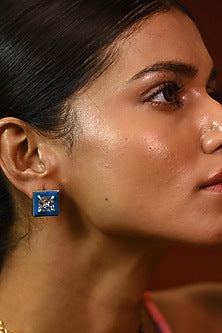 Gold Finish Square-Shaped Zircon Blue Enameled Stud Earrings