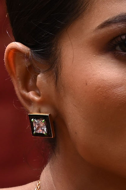 Gold Finish Square-Shaped Zircon Black Enameled Stud Earrings