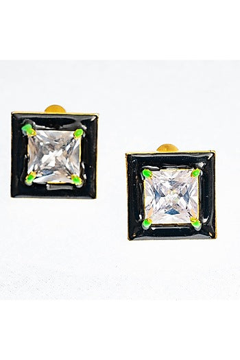 Gold Finish Square-Shaped Zircon Black Enameled Stud Earrings