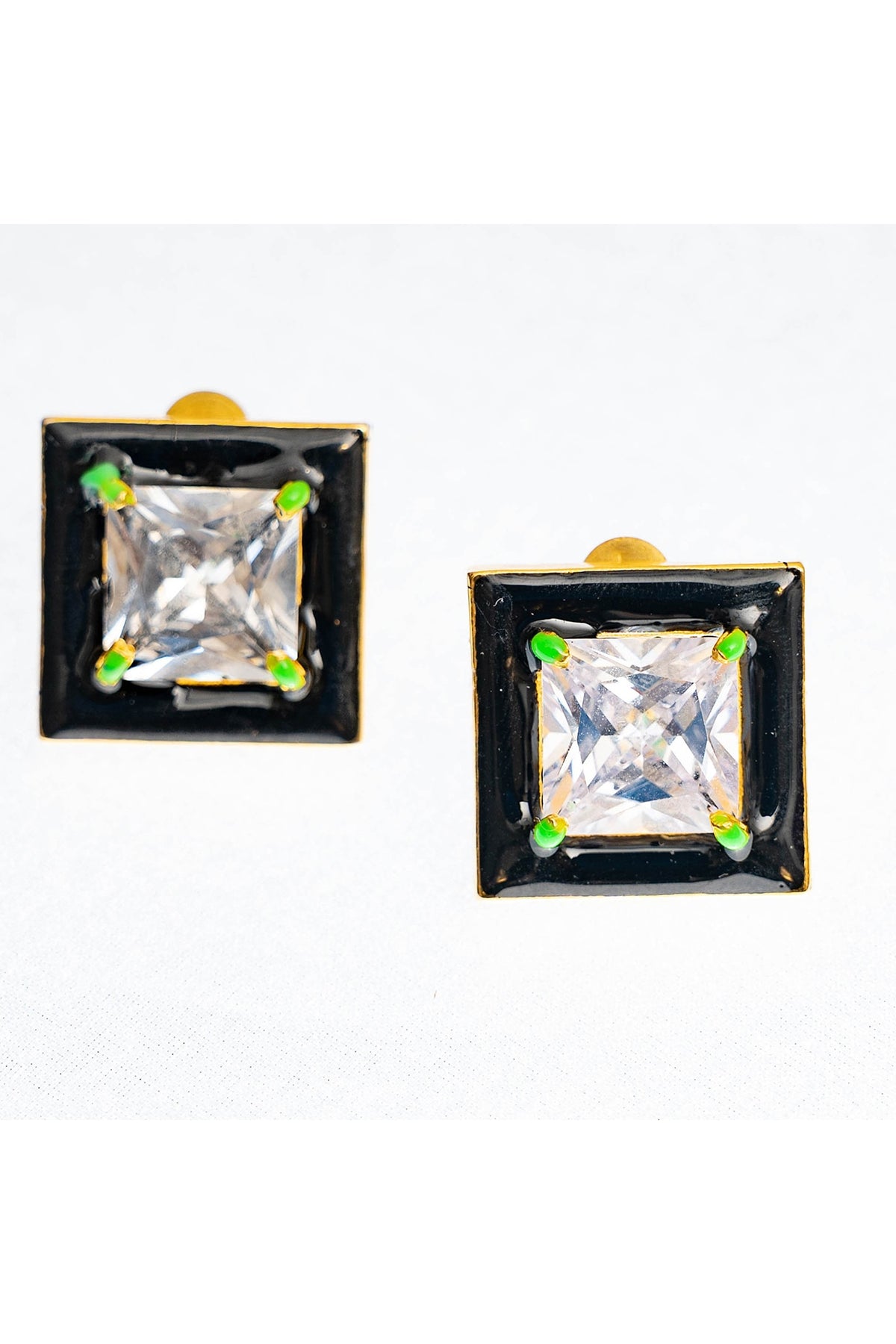 Gold Finish Square-Shaped Zircon Black Enameled Stud Earrings