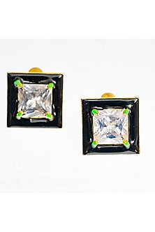 Gold Finish Square-Shaped Zircon Black Enameled Stud Earrings