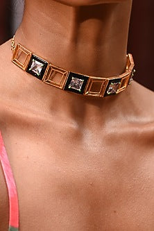 Gold Finish Square-Shaped Zircon Black Enameled Choker Necklace