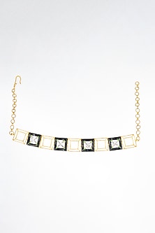 Gold Finish Square-Shaped Zircon Black Enameled Choker Necklace
