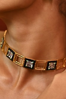 Gold Finish Square-Shaped Zircon Black Enameled Choker Necklace