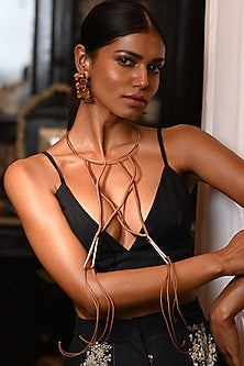 Gold Finish Metal Hasli & Hanging Thread Long Necklace