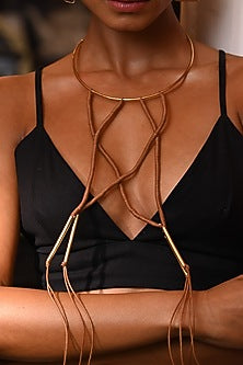 Gold Finish Metal Hasli & Hanging Thread Long Necklace