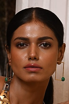 Gold Finish Green Malachite Stone Rectangle Loop Earrings