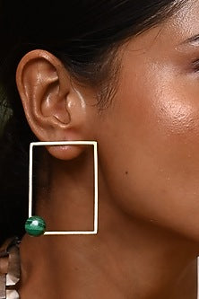 Gold Finish Green Malachite Stone Rectangle Loop Earrings