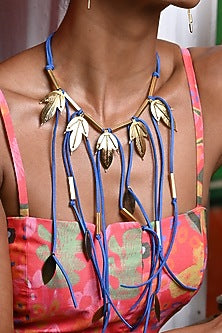 Gold Finish Blue Leaf Element Layered Necklace