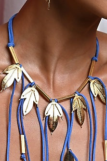 Gold Finish Blue Leaf Element Layered Necklace