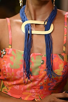 Gold Finish Blue Thread Long Necklace