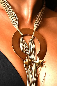Gold Finish Brown Thread Sphere Cord Necklace
