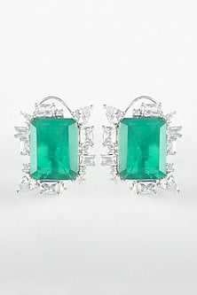 White Finish Green Zircon & Diamond Stud Earrings