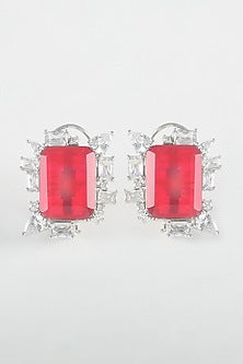 White Finish Red Zircon & Diamond Stud Earrings