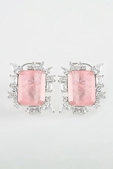 White Finish Pink Zircon & Diamond Stud Earrings