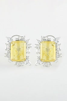 White Finish Yellow Zircon & Diamond Stud Earrings