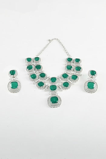 White Finish Zircon & Green Stone Necklace Set