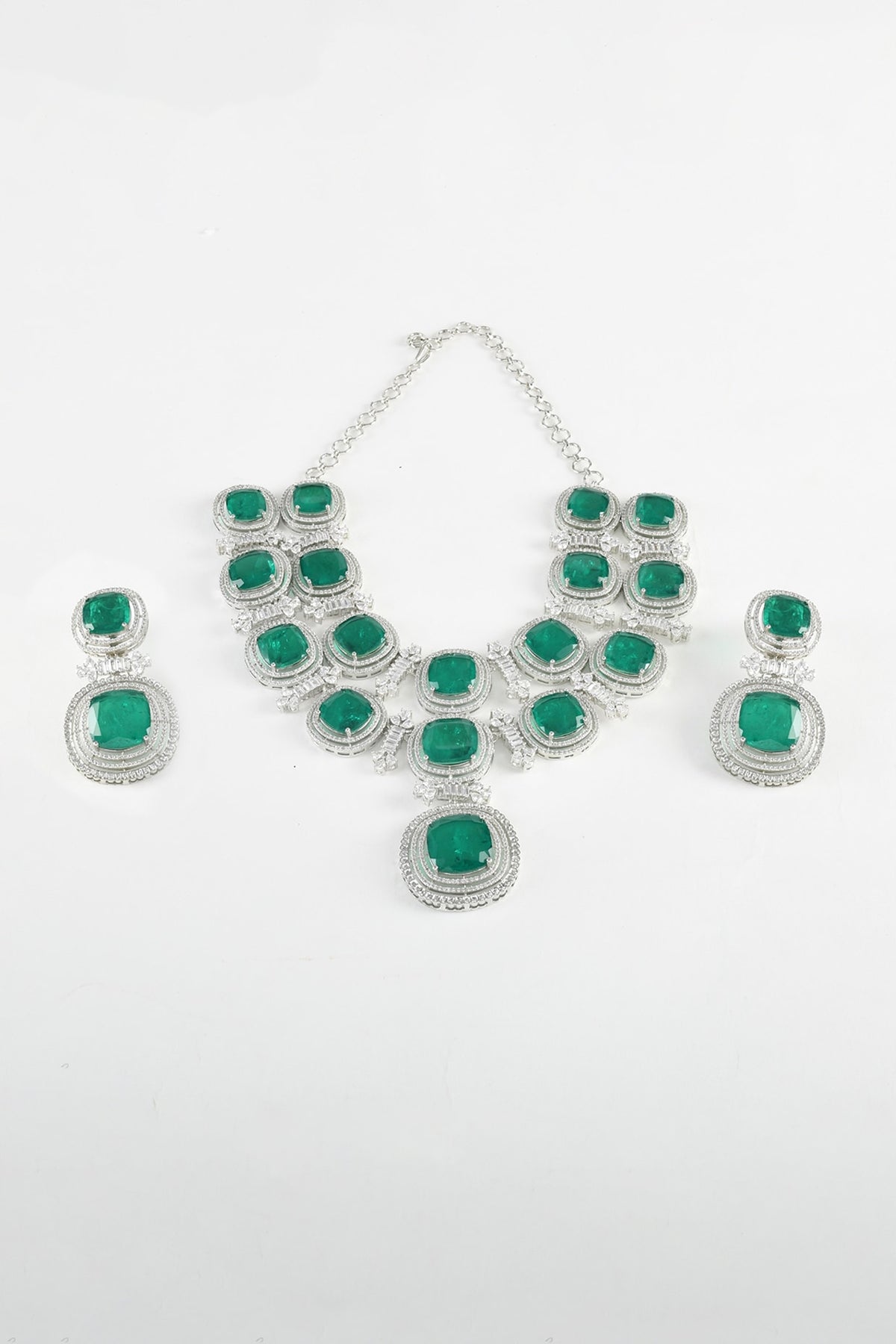 White Finish Zircon & Green Stone Necklace Set