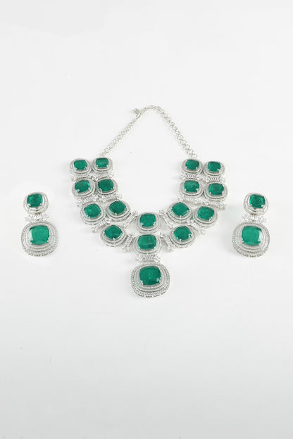 White Finish Zircon & Green Stone Necklace Set