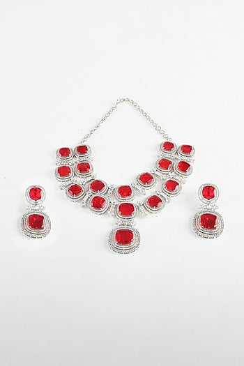 White Finish Zircon & Red Stone Necklace Set