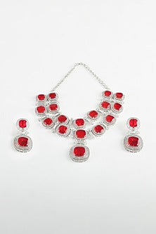 White Finish Zircon & Red Stone Necklace Set