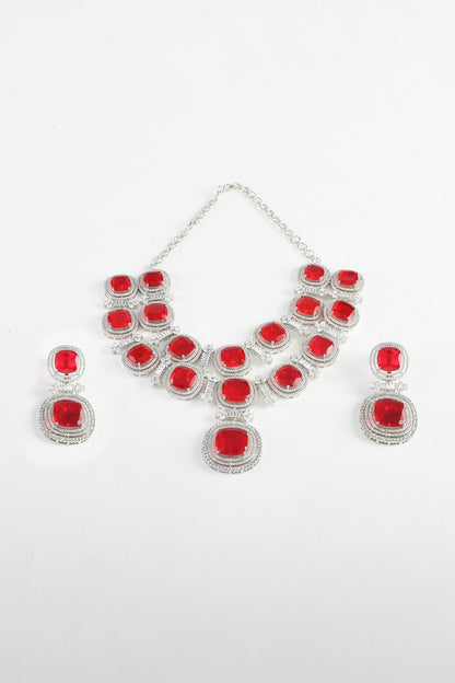 White Finish Zircon & Red Stone Necklace Set