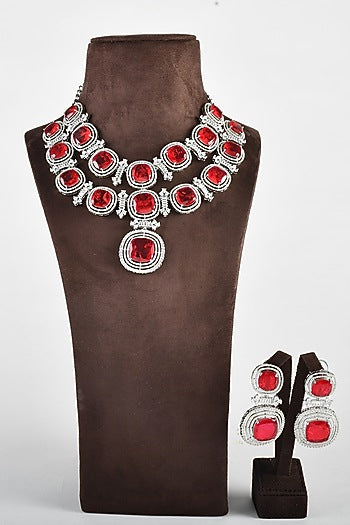 White Finish Zircon & Red Stone Necklace Set